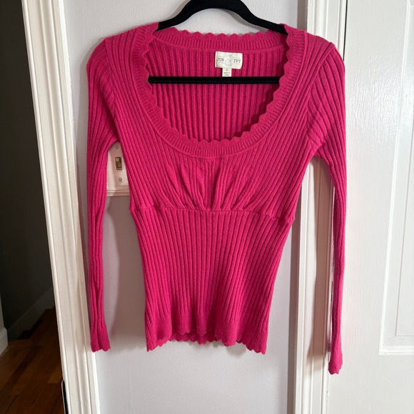 Jun & Ivy Sweaters - Jun & Ivy Womens Large Ribbed Square Neck Scalloped Trim Long Sleeve Sweater